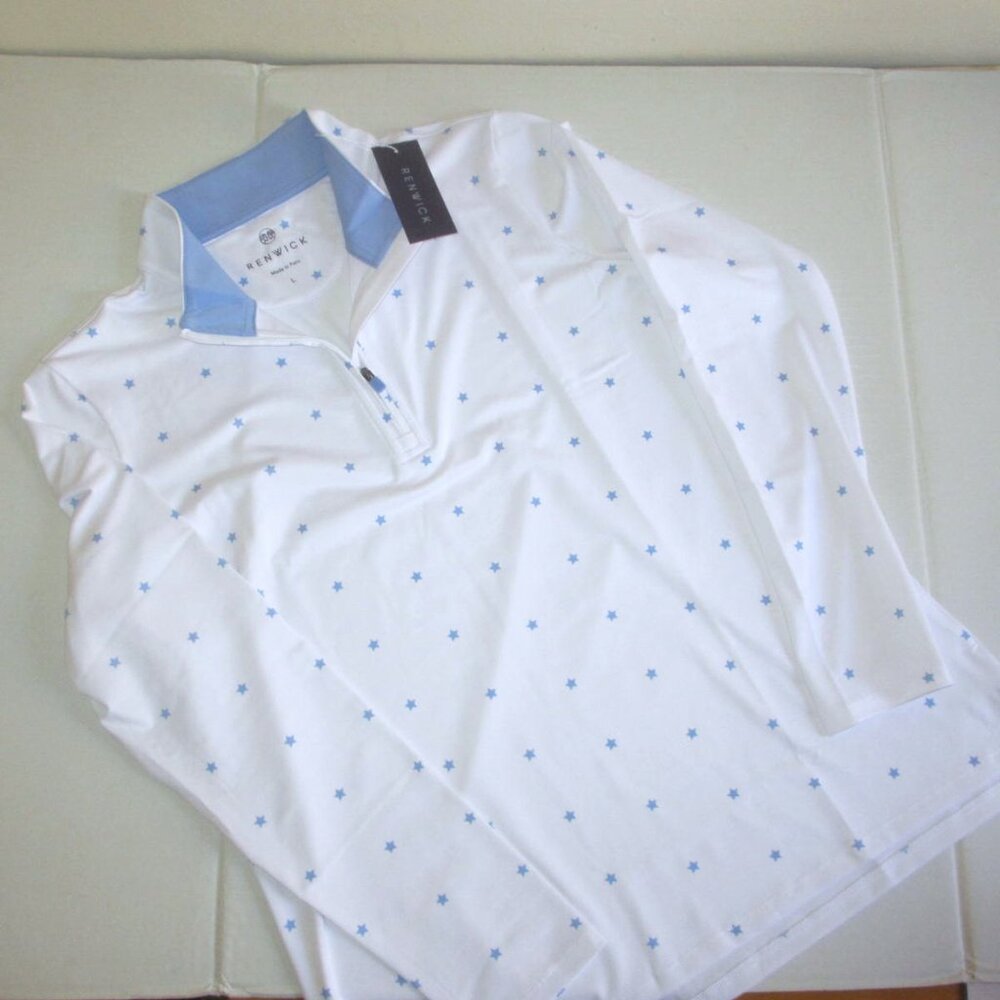 RENWICK Quarter-Zip Mock Neck Golf Top Size L White Periwinkle Star Print White - Picture 2 of 8